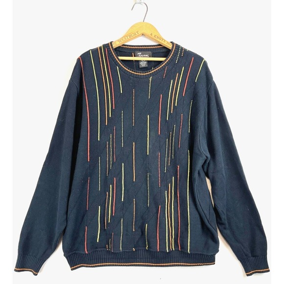 TOSANI Vintage Textured Knit Coogi Style Black‎ Colourful Stripe Mens Sweater XL - Picture 1 of 6